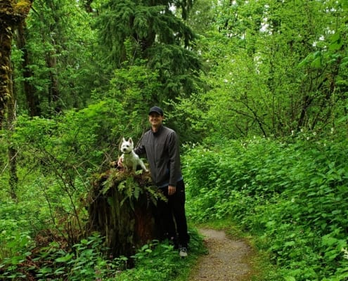 Man with his dog on forest area